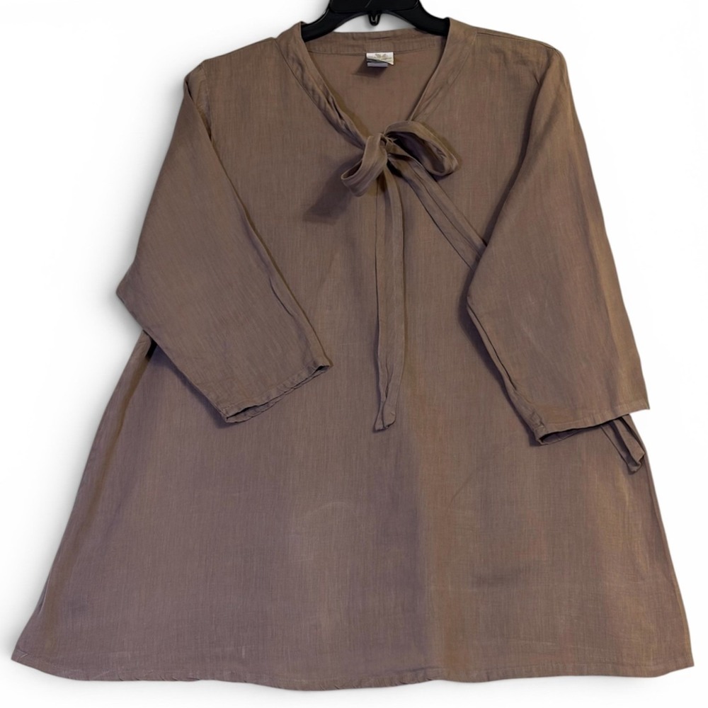 Match Point Linen Tunic Top Large Brown Womens Tie Neck 3/4 Sleeve A-Line